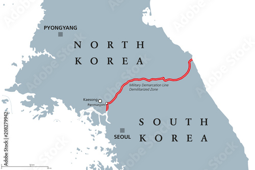 Korean Peninsula, Demilitarized Zone Area, political map. North and South Korea with red Military Demarcation Line, capitals and borders. English labeling. Gray illustration, white background. Vector.