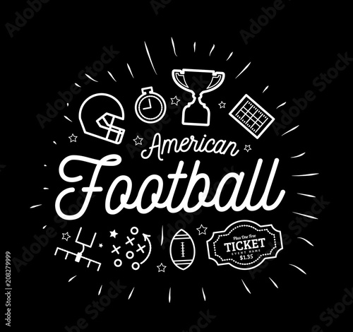 American football. Vector illustration in the style of thin lines with flat icons in black and white