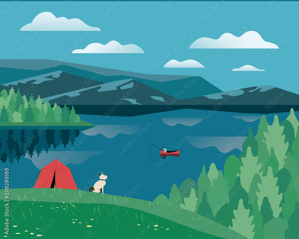 Summer nature landscape. Colorful cartoon. Vacation season leisure banner  background. Fisherman on calm river water, dog on green hill. Alps mountain  valley, lake view. Outdoors vector Illustration Stock Vector | Adobe Stock