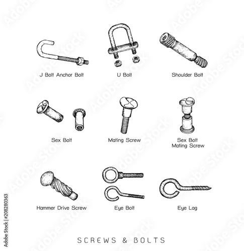 Hand Drawn Sketch of Screw Types Set