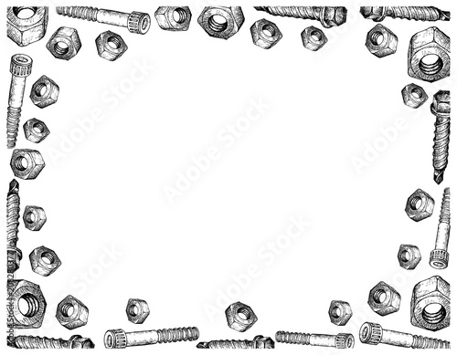 Hand Drawn Sketch Frame of Screws and Nuts