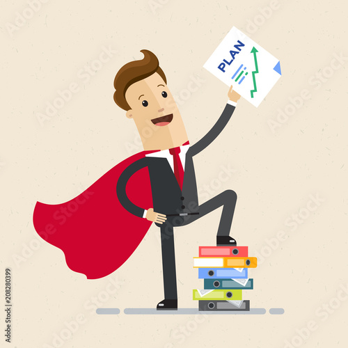 Businessman super hero and growth chart. Business plan photo