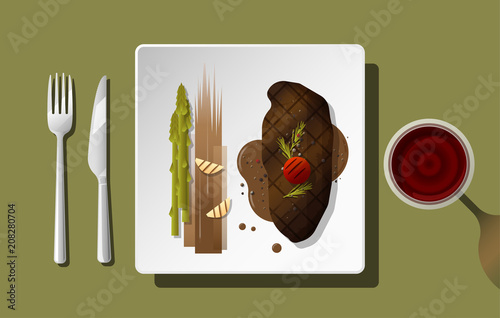 Grilled beef, strip loin steak and spices served on plate with red wine , vector , illustration