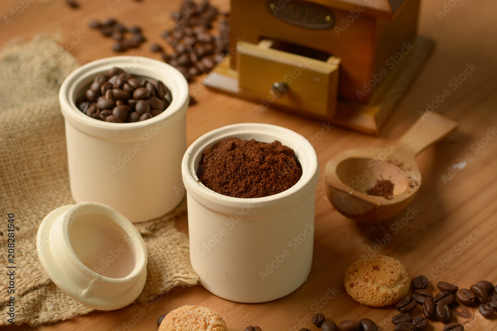 coffee powder in the container - coffee grinder coffee powder in the container - coffee grinder