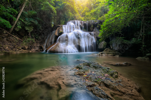 The most beautiful waterfall is called Huai Mae Khamin Waterfall in Kanchanaburi, Thailand and tourists prefer this waterfall because the water is clean and clear.