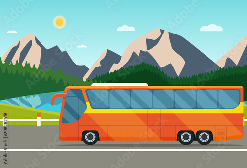 Passenger bus. Summer landscape with forest, mountains and laker. Vector flat style illustration