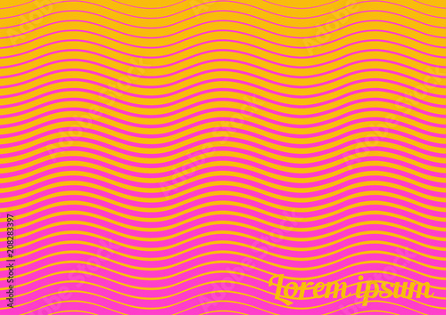 Horizontal abstract background with striped halftone pattern in neon colors. A wavy texture of gradient line ornament. Design template of flyer, banner, cover, poster in A4 size. Vector illustration.
