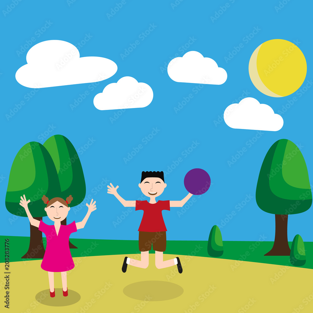 children play volleyball/Children rejoice at the fact that summer, a ball game. Children play volobog. The boy and the girl jump, have fun. Friends on Vacation.