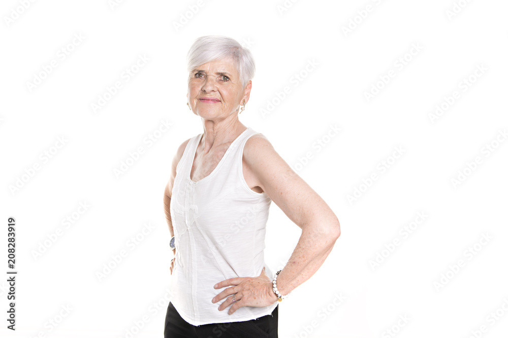 elderly woman on studio white background elderly woman on studio white background