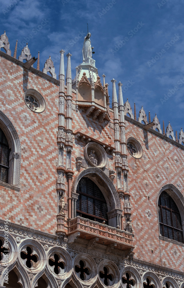 Architectural fragment of Doge Palace entrance from St. Mark Square. Palace was the residence of the Doge of Venice. Veneto, Italy