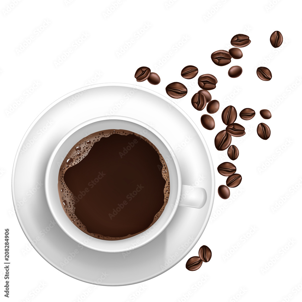 Obraz premium 3d realistic cup of coffee on the saucer, beans isolated on white background. Top view of arabica drink, hot espresso or americano. Mock up, template for ad poster, banner