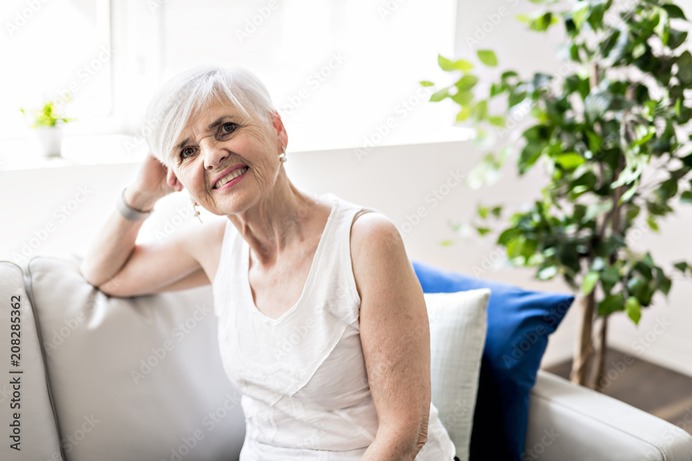 Portrait of a Cheerful senior Woman Sitting on the Sofa in the Living Room Portrait of a Cheerful senior Woman Sitting on the Sofa in the Living Room