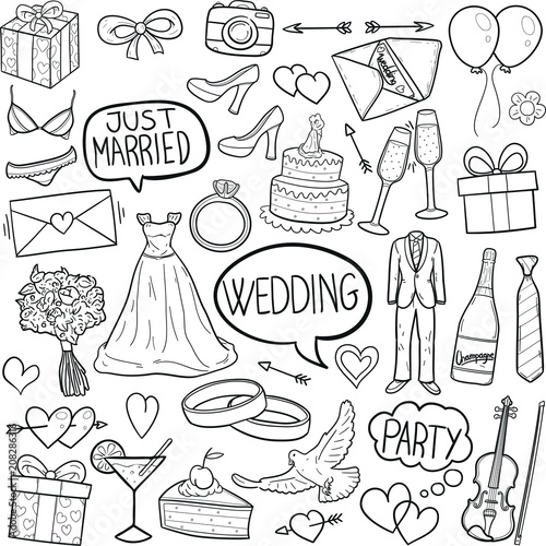 Just Married Wedding Doodle Icon Hand Draw Line Art	