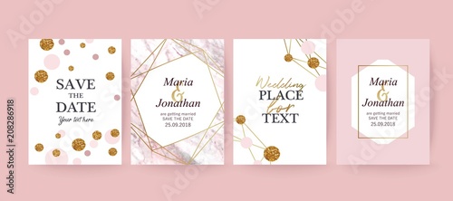 Marble  texture background with geometric frame and gold. Modern design for wedding card, invitation, birthday, cover, flyer, brochure. Luxury branding identity. 