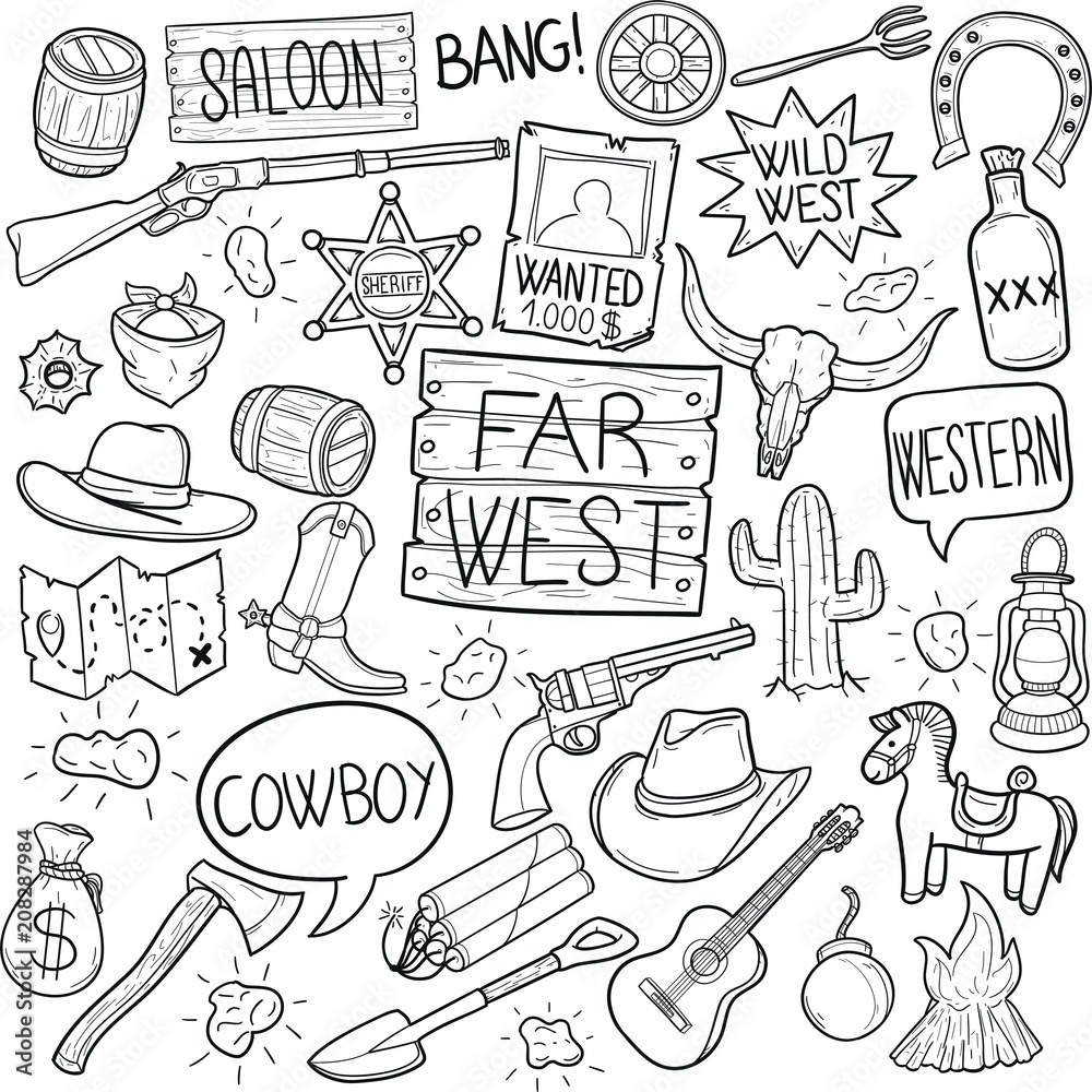 Obraz premium Far West America Doodle Icon Hand Draw Line Art