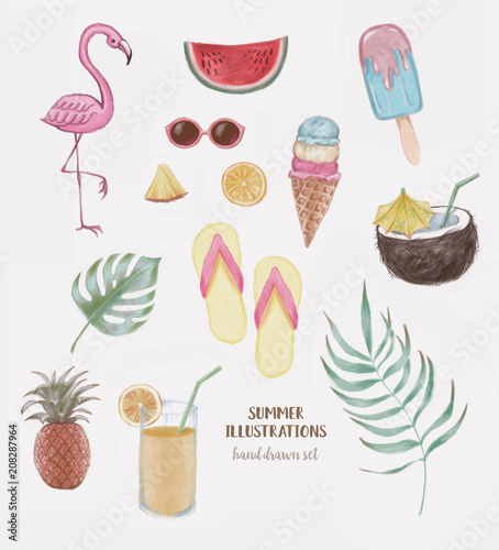 Hand drawn summer labels, logos, hand drawn tags and elements set for summer holiday, travel, beach vacation, sun.