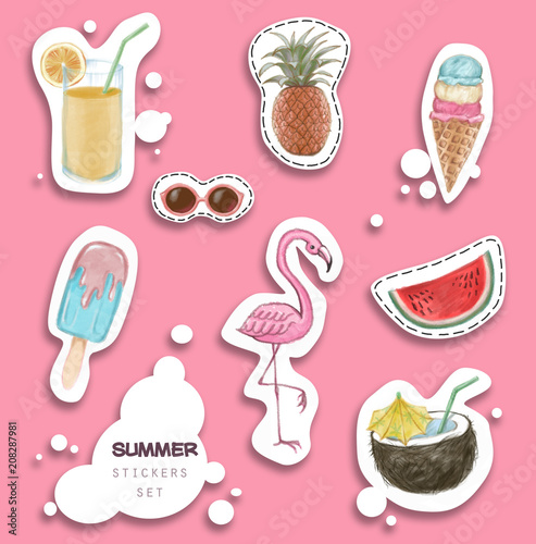 Hand drawn stickers set for summer holiday, travel, beach vacation, sun.