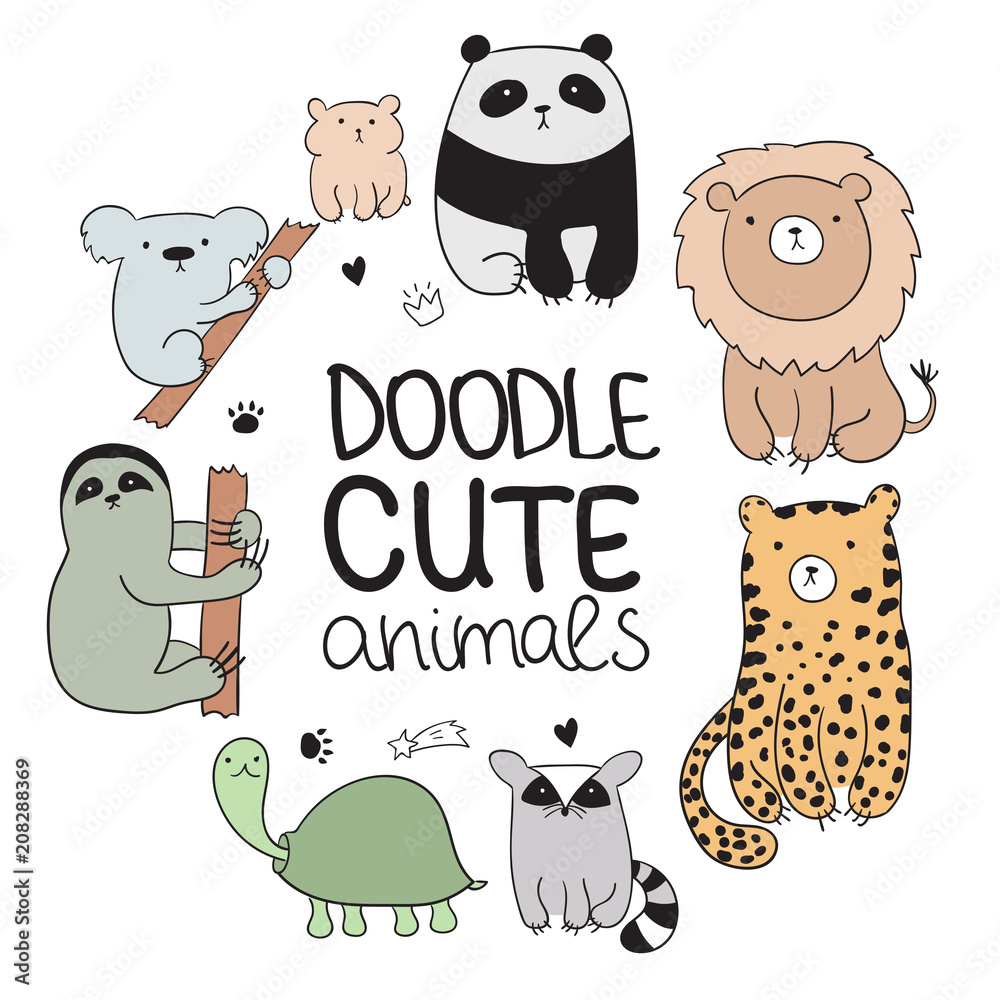 Vector cartoon poster with cute doodle animals. Perfect for ...