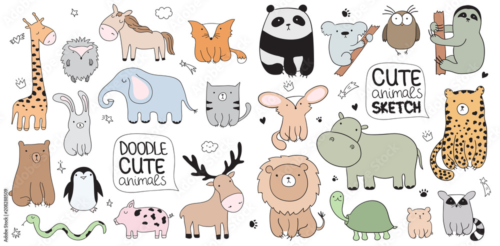 custom made wallpaper toronto digitalVector cartoon sketch illustration with cute doodle animals