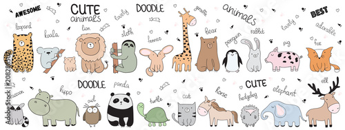 Vector cartoon sketch illustration with cute doodle animals © Alexandra