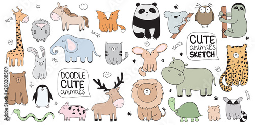Fototapeta Naklejka Na Ścianę i Meble -  Vector cartoon sketch illustration with cute doodle animals