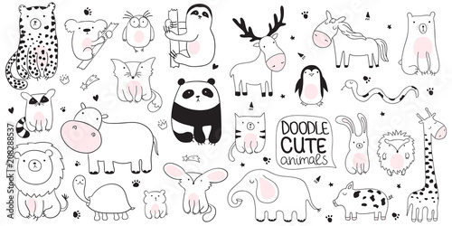 Vector cartoon sketch illustration with cute doodle animals