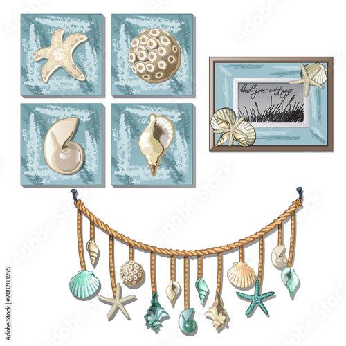 The set of murals and paintings with exotic seashells and clams and the interior elements on the marine theme isolated on white background. Vector cartoon close-up illustration.