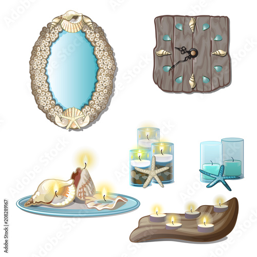 Elements of the interior of seashells and tea candles isolated on a white background. Vector cartoon close-up illustration.