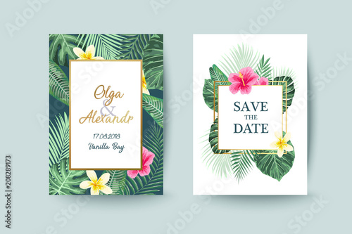 Summer card design. Save the date. Exotic tropic palm leaves and flowers. Invitation, poster, cover template. Geometric and floral frame.