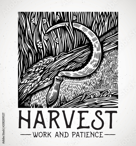 Graphic illustration of a sickle lying on a field among mowed grass