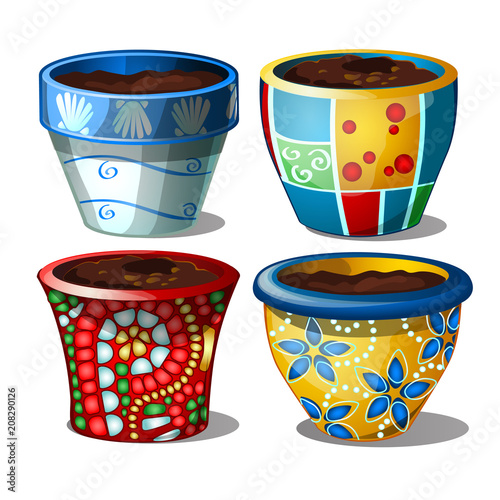 Set of bright stylish ceramic flower pots isolated on white background. Vector illustration.