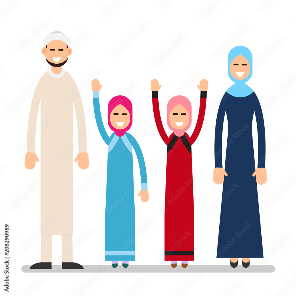 Muslim family. Muslim arabic couple with children in different suit and traditional clothes standing. Parents with kids, mother, father and two daughter. Illustration in flat style. Isolated Muslim family. Muslim arabic couple with children in different suit and traditional clothes standing. Parents with kids, mother, father and two daughter. Illustration in flat style. Isolated