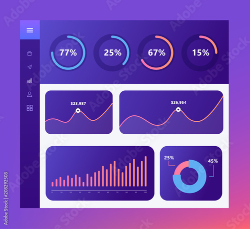 Infographic dashboard template with flat design graphs and charts in dark colors. Information Graphics elements.