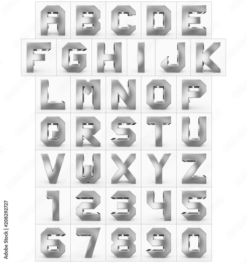 letters and numbers 3d cubic silver isolated on white