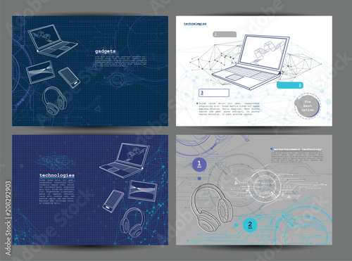 Modern template collection on technology theme. Blueprint style. Graphic backgrounds with laptops, headphones, smartphone and tablet. Abstract technic theme.