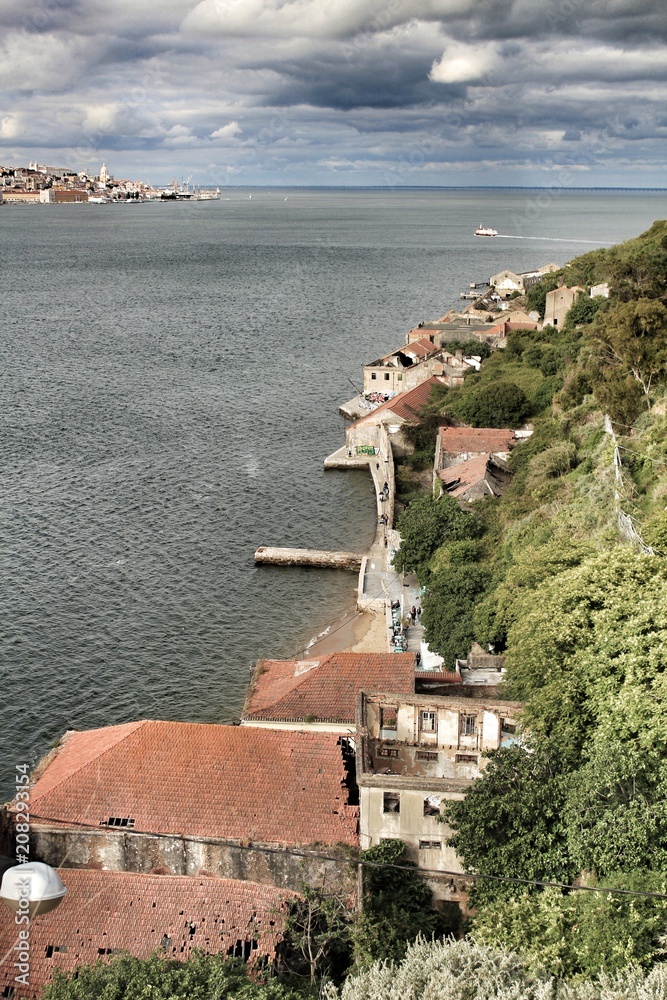 Panoramic of the docks of Cacilhas village and Tagus river