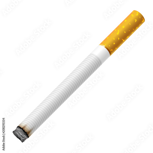 Realistic image of a classic burning cigarette with tobacco, isolated on white background. 3d, vector illustration for design.