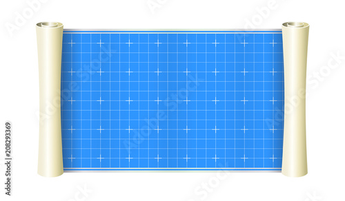 Roll of paper for engineering drawings and computing, isolated on white background. Blueprint scroll. Vector illustration. Construction.