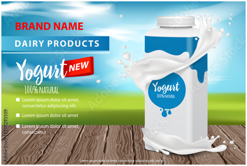 Yogurt ads, appetizing Square plastic bottle with screw cap with yogurt splash , 3d vector illustration for web or magazine design