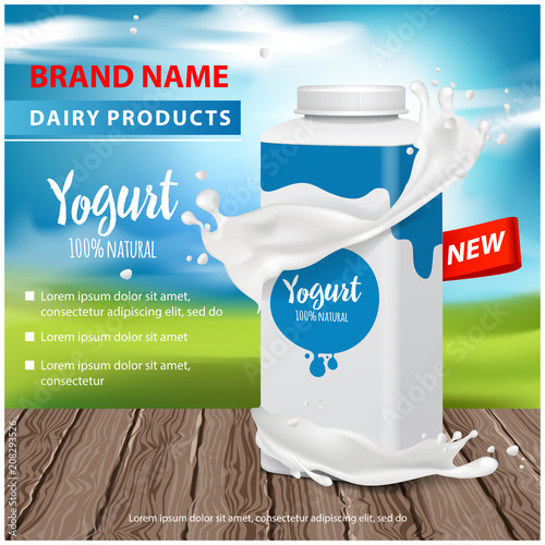Yogurt ads, Square plastic bottle and round pot with yogurt splash , 3d vector illustration for web or magazine design