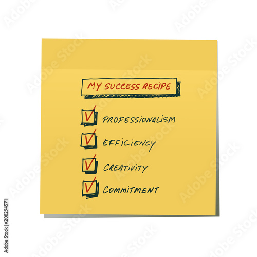 Success Recipe: List of requirements to achieve success written by hand on a yellow sticker. Isolated on white background.