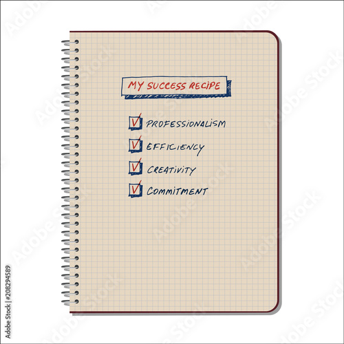 Success Recipe: List of requirements to achieve success, written by hand on a spiral notebook of graph paper, isolated on white background