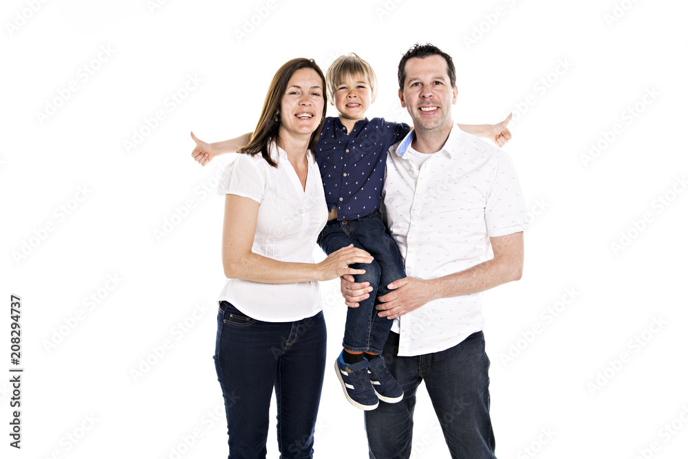 Fototapeta premium Happy family with his blond boy isolated on white background