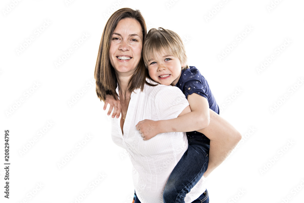 Mother and his five years blond son together isolated on white Mother and his five years blond son together isolated on white
