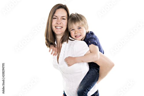 Mother and his five years blond son together isolated on white