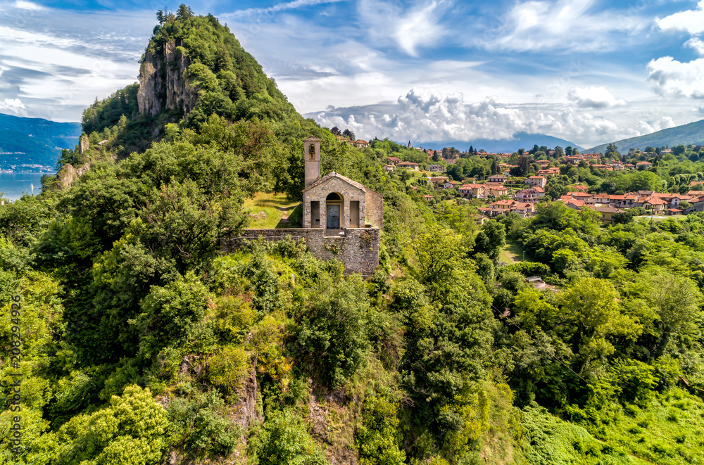 View of Small Stone Church of Saint Veronica on Rocca of Calde, Castelveccana in the province of Varese, Lombardy, Italy