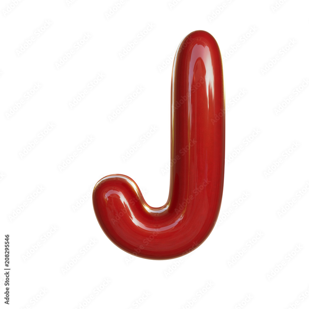 Glossy red paint letter J. 3D render of bubble font isolated on white background