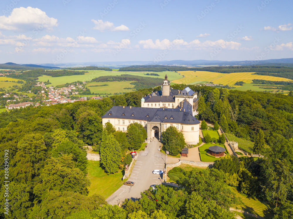 Aerial view of chateau Zbiroh. Romanesque-Gothic castle was founded at the end of the 12th century. Famous tourist attraction in Czech republic, European union.