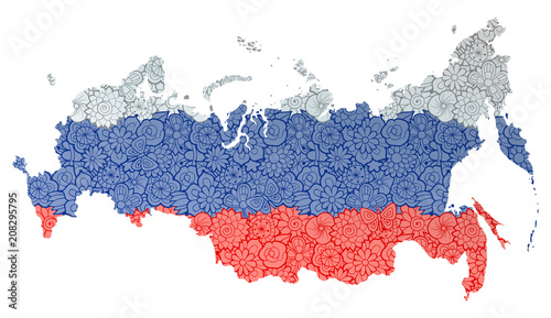 Canvas Print Flag and map of Russian Federation with flowers