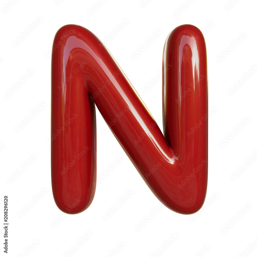 Glossy red paint letter N. 3D render of bubble font isolated on white background Glossy red paint letter N. 3D render of bubble font isolated on white background